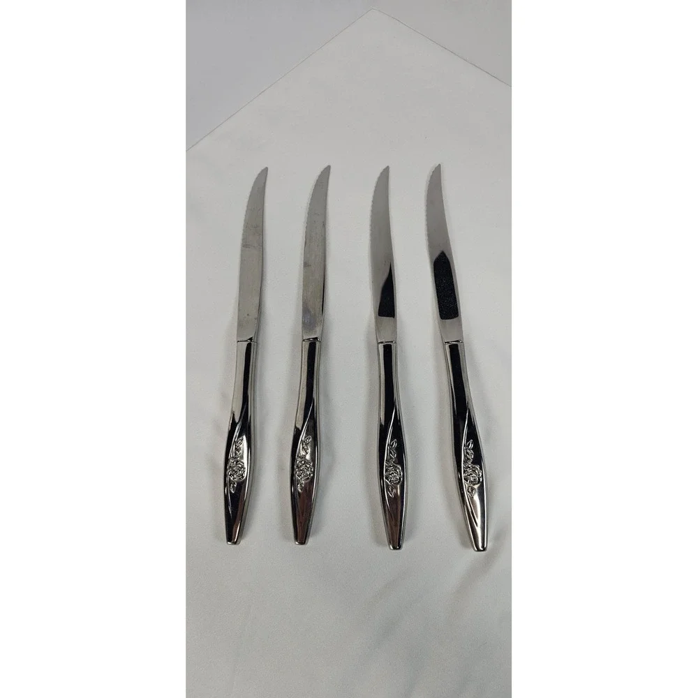 Oneida Lasting Rose Stainless Steel Serrated Steak Knives 4 Glossy Floral 9